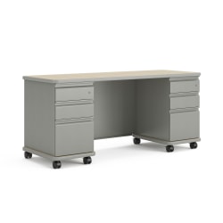 HON SmartLink Double Pedestal Teacher Mobile Workstation With Modesty Panel, 30"H x 66"W x 24"D, Phantom Ecru/Platinum Metallic