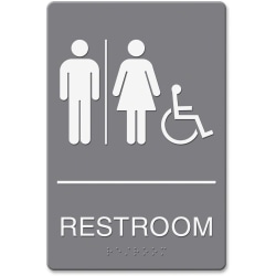 HeadLine Restroom/Wheelchair Image Indoor Sign - 1 Each - Restroom (Man/Woman/Wheelchair) Print/Message - 6" Width x 9" Height - Rectangular Shape - Double-sided - Plastic - Gray, White
