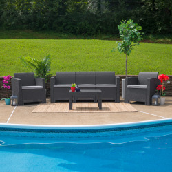Flash Furniture Faux Rattan Outdoor Sofa With All-Weather Cushions, Dark Gray