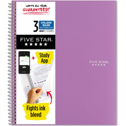 Five Star® Wirebound Notebook, 8-1/2" x 11", 3 Subject, College Ruled, 150 Sheets, Amethyst Purple