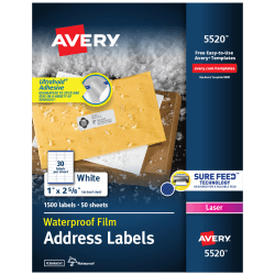 Avery® Waterproof Address Labels With Ultrahold®, 5520, Rectangle, 1" x 2-5/8", White, 1,500 Labels For Laser Printers