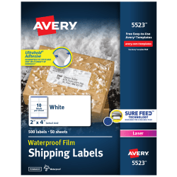 Avery® Waterproof Labels With Ultrahold®, 05523, Rectanlge, 2" x 4", White, 500 Labels For Laser Printers