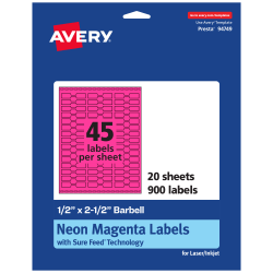 Avery® Printable Labels With Sure Feed® Technology, 94749-NMP20, Barbell, 1/2" x 2-1/2", Matte Neon Magenta, Pack of 900