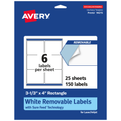 Avery® Removable Labels With Sure Feed®, 94215-RMP25, Rectangle, 3-1/3" x 4", White, Pack Of 150 Labels
