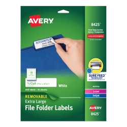 Avery® Removable Extra-Large File Folder Labels, Sure Feed® Technology, Removable Adhesive, White, 15/16" x 3-7/16", 450 Labels (8425)