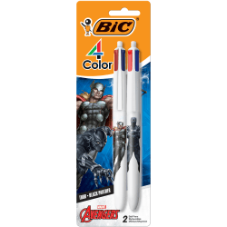 BIC 4-Color Marvel's Avengers Retractable Ballpoint Pens, Thor And Black Panther Edition, Medium Point, 1.0 mm, White Barrel, Assorted Ink Colors, Pack Of 2 Pens
