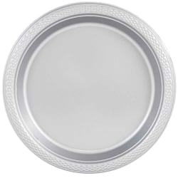 JAM PAPER Round Plastic Party Plates, Medium, 9 inch, Silver, 20/Pack