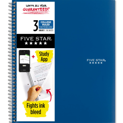 Five Star® Wire-Bound Notebook, 8-1/2" x 11", 3 Subject, College Ruled, 150 Sheets, Pacific Blue