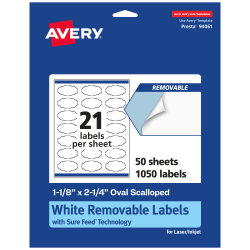 Avery® Removable Labels With Sure Feed®, 94061-RMP50, Oval Scalloped, 1-1/8" x 2-1/4", White, Pack Of 1,050 Labels