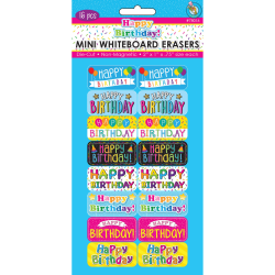 Ashley Productions Non-Magnetic Mini Whiteboard Erasers, Happy Birthday, Pack Of 16