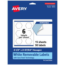 Avery® Removable Labels With Sure Feed®, 94121-RMP15, Hexagon, 2-1/2" x 2-57/64", White, Pack Of 90 Labels