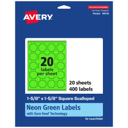 Avery® Print-To-The-Edge Labels With Sure Feed® Technology, 94110-NGP20, Square Scalloped, 1-5/8" x 1-5/8", Matte Neon Green, Pack of 400