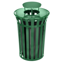 Alpine Industries Metal Slatted Outdoor Commercial Trash Can Receptacle With Rain Bonnet Lid And Liner, 38 Gallons, Green