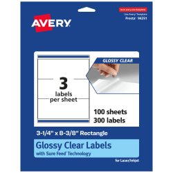 Avery® Glossy Permanent Labels With Sure Feed®, 94251-CGF100, Rectangle, 3-1/4" x 8-3/8", Clear, Pack Of 300