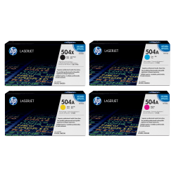 HP 504X/504A Black; Cyan; Magenta; Yellow High-Yield Toner Cartridges Combo, Pack Of 4, CE250X,CE251A,CE252A,CE253A