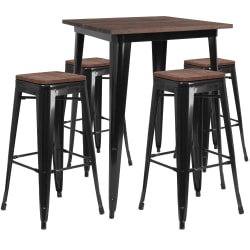 Flash Furniture Square Metal Bar Table Set With Wood Top And 4 Backless Stools, 42"H x 32"W x 32"D, Black
