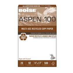 Boise® ASPEN® 100 Multi-Use Print & Copy Paper, Ledger Size (11" x 17"), 92 (U.S.) Brightness, 20 Lb, 100% Recycled, FSC® Certified, White, Ream Of 500 Sheets