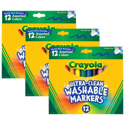 Crayola Ultra-Clean Markers, Pack Of 3 Boxes, Broad Line, Assorted Colors, 12 Markers Per Box
