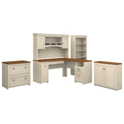 Bush Furniture Fairview 60"W L Shaped Desk With Hutch, Storage Cabinets And 5 Shelf Bookcase, Antique White/Tea Maple, Standard Delivery