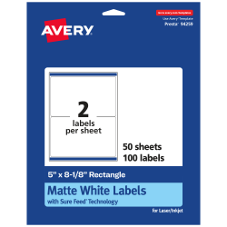 Avery® Permanent Labels With Sure Feed®, 94259-WMP50, Rectangle, 5" x 8-1/8", White, Pack Of 100