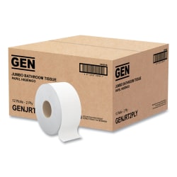 GEN JRT Jumbo Bath Tissue, Septic Safe, 2-Ply, White, 3.5" x 750 ft, 12/Carton
