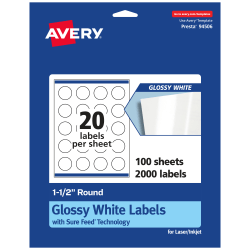 Avery® Glossy Permanent Labels With Sure Feed®, 94506-WGP100, Round, 1-1/2" Diameter, White, Pack Of 2,000