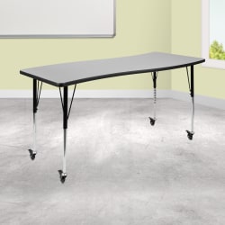 Flash Furniture Mobile Rectangle Wave Flexible Collaborative Thermal Laminate Activity Table With Standard Height-Adjustable Legs, 30"H x 26"W x 60"D, Gray