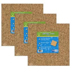 Flipside Cork Tiles, 6"H x 6"W x 1/8"D, Natural, 4 Tiles Per Pack, Set Of 3 Packs