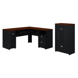 Bush Furniture Fairview 60"W L-Shaped Desk And Storage Cabinet With Drawer, Antique Black, Standard Delivery