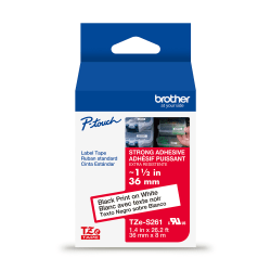 Brother P-Touch TzeS261, Strong Adhesive Laminated, ~1-1/2in x 26.2ft (36mm x 8m), Black on White Label Tape