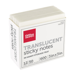 Office Depot® Brand Translucent Sticky Notes, With Storage Tray, 3" x 3", Clear, 50 Notes Per Pad, Pack Of 12 Pads