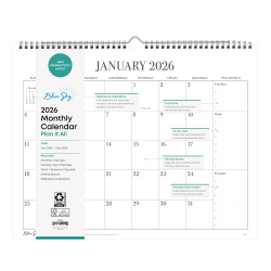2026 Blue Sky Monthly Wall Calendar, 15" x 12", Plan It All, January To December, 152696