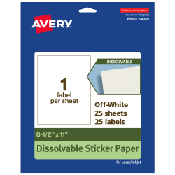 Avery® Dissolvable Labels, 94269-DWMP25, Rectangle, 8-1/2"x11", Matte Off-White, Pack Of 25