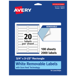 Avery® Removable Labels With Sure Feed®, 94217-RMP100, Rectangle, 3/4" x 3-1/2", White, Pack Of 2,000 Labels