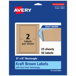 Avery® Kraft Permanent Labels With Sure Feed®, 94257-KMP25, Rectangle, 5" x 6", Brown, Pack Of 50