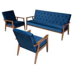 Baxton Studio Mid-Century Modern Velvet 3-Piece Living Room Set, Navy Blue/Walnut