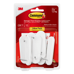 Command™ Medium Wire Hooks Value Pack, White, Pack Of 7 Hooks And 12 Strips