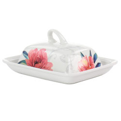 Martha Stewart Fine Ceramic Butter Dish With Lid In Floral Design, 3" x 5-1/2" x 7-1/2", White