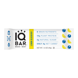 IQ BAR Brain Fuel Protein Bars, Lemon Blueberry, 1.6 Oz, Box Of 24 Bars