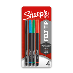 Sharpie® Fine-Point Pens, Fine Point, 0.4 mm, Black Barrels, Assorted Ink Colors, Pack Of 4