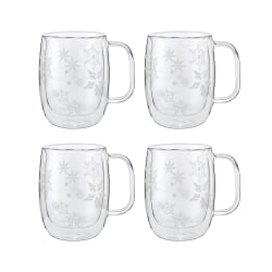 Zwilling Sorrento 4-Piece Double Wall Glass Snowflake Coffee Mug Set, 12 Oz, Clear