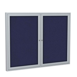 Ghent Traditional Enclosed 2-Door Fabric Bulletin Board, 36" x 60", Blue, Satin Aluminum Frame