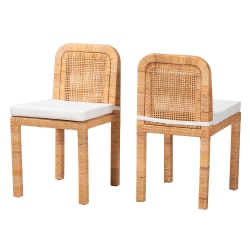 bali & pari Zariah Modern Bohemian Rattan And Mahogany Wood Dining Accent Chairs, White/Natural Brown, Set Of 2 Chairs