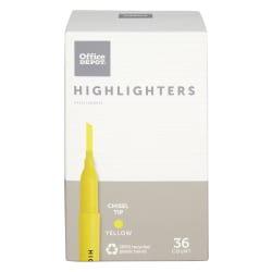 Office Depot® Brand Pen-Style Highlighters, Chisel Tip, 100% Recycled Plastic Barrel, Fluorescent Yellow, Pack Of 36