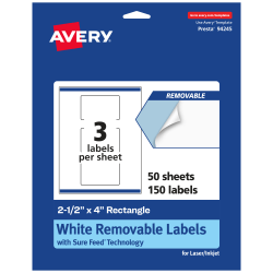 Avery® Removable Labels With Sure Feed®, 94245-RMP50, Rectangle, 2-1/2" x 4", White, Pack Of 150 Labels