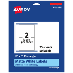 Avery® Permanent Labels With Sure Feed®, 94257-WMP25, Rectangle, 5" x 6", White, Pack Of 50