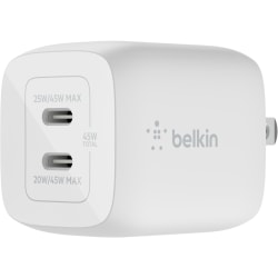 Belkin BoostCharge Pro Dual USB-C GaN Wall Charger with PPS 45W Laptop Chromebook Charging - Power Adapter - 45 W