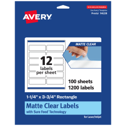 Avery® Permanent Labels With Sure Feed®, 94228-CMF100, Rectangle, 1-1/4" x 3-3/4", Matte Clear, Pack Of 1,200