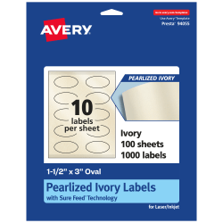 Avery® Pearlized Permanent Labels With Sure Feed®, 94055-PIP100, Oval, 1-1/2" x 3", Ivory, Pack Of 1,000 Labels