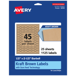 Avery® Kraft Permanent Labels With Sure Feed®, 94749-KMP25, Barbell, 1/2" x 2-1/2", Brown, Pack Of 1,125